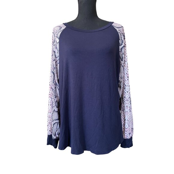 Cool Melon mixed print raglan tee tunic 2X navy pink contrast sleeve - Picture 1 of 6